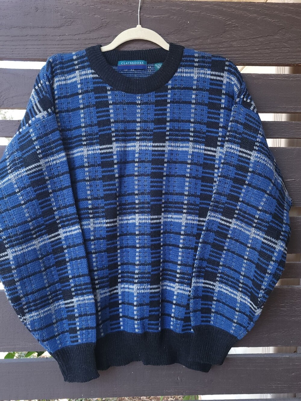 Vintage 90s Blue Sweater Wool Blend Plaid Oversized Suze XL
